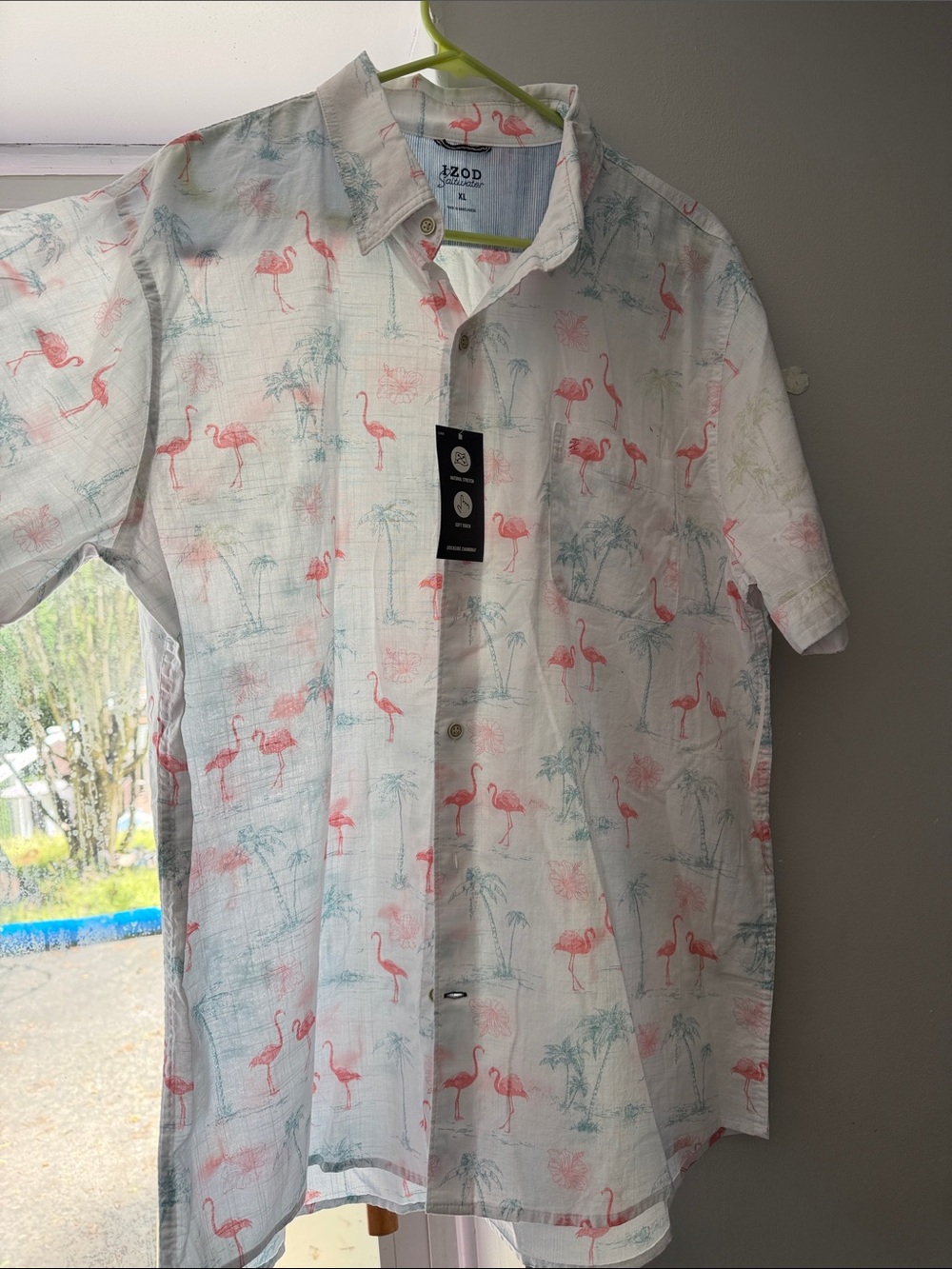 Izod Men’s CL White Short-Sleeve Button-Down Shirt with Pink Flamingo Print